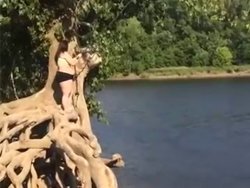 Une fille saute d'un arbre pour aller…